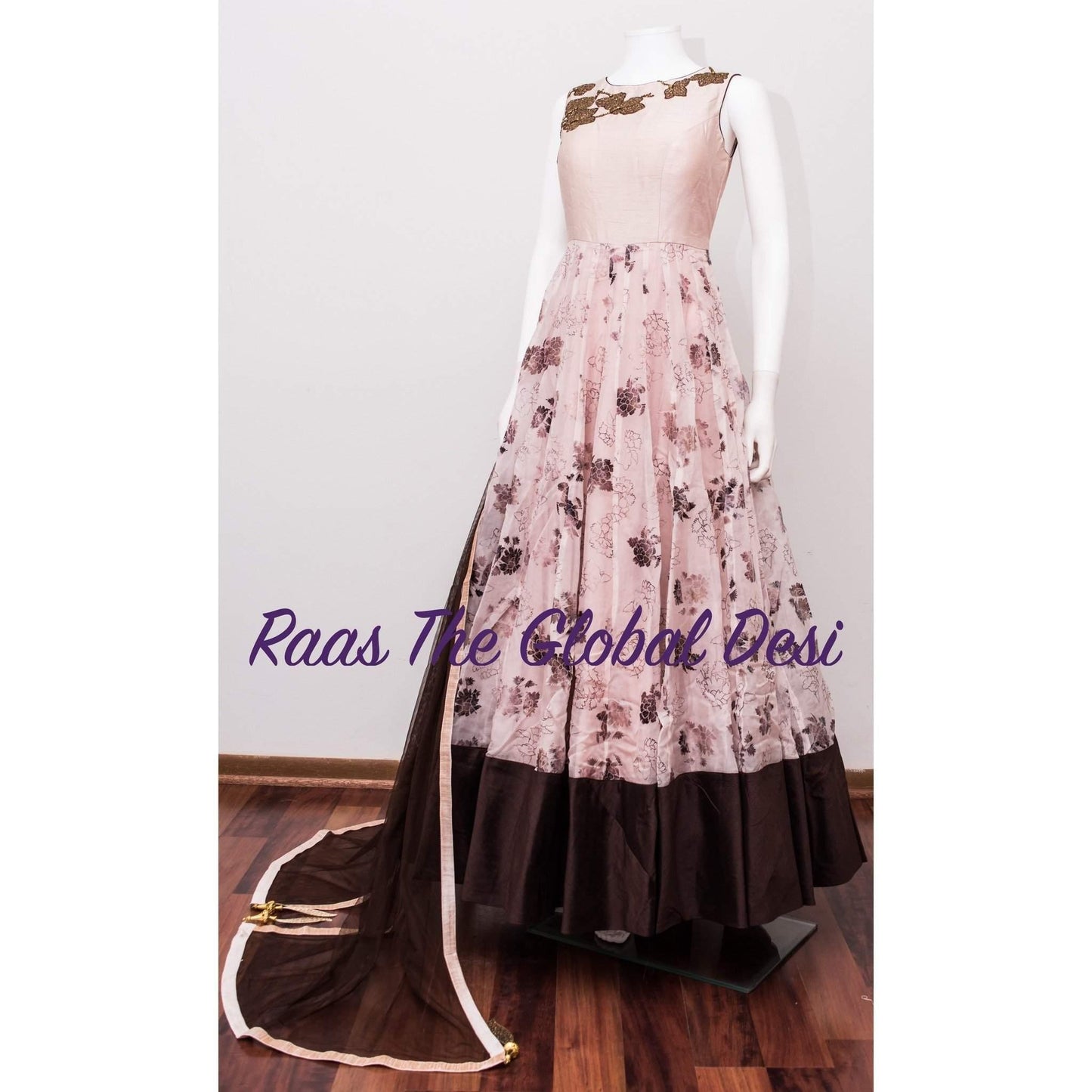 Pink Floral Embroidered Gown with Drape