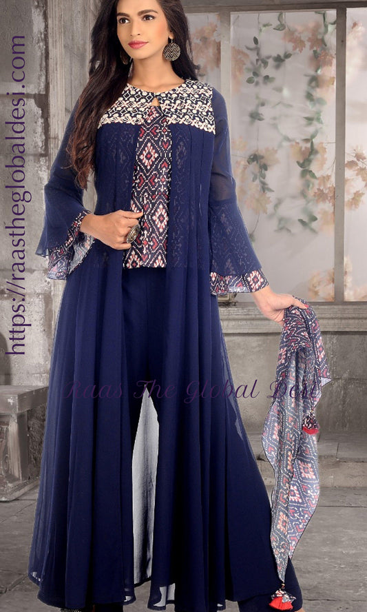 Navy Blue Embroidered Palazzo Suit