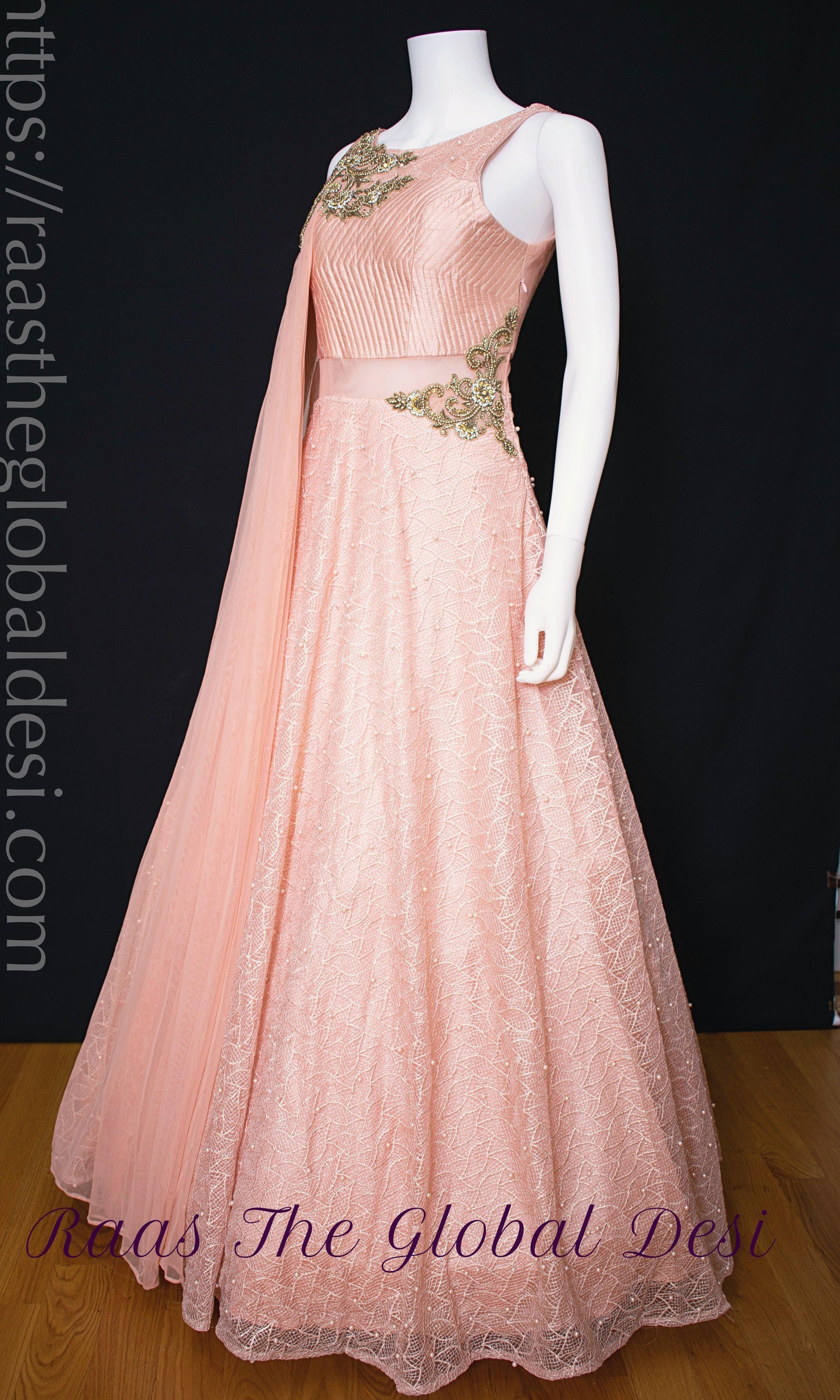 Elowen Peach Net Gown with Butta Work