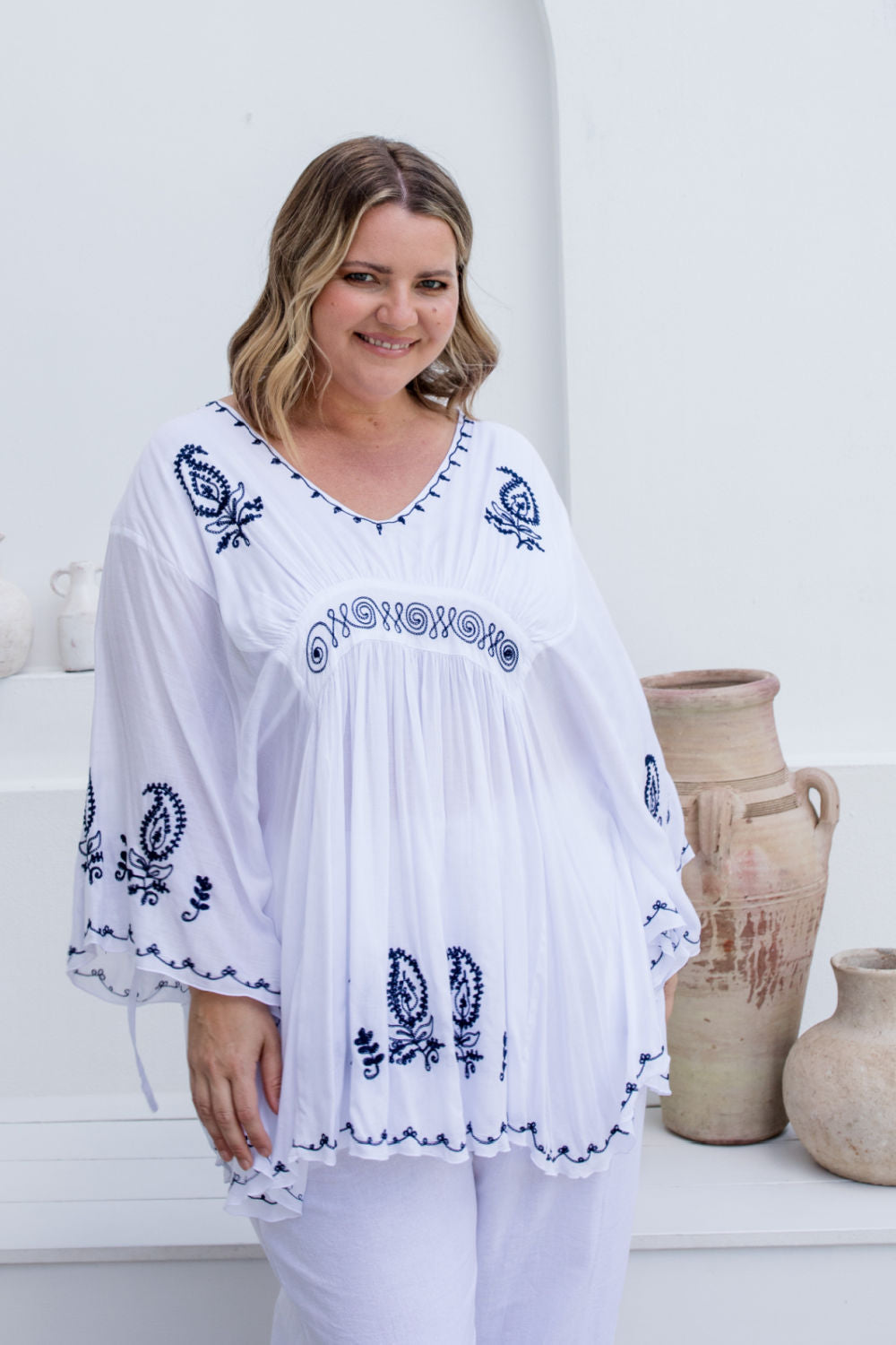 White Kaftan Top - Black Embroidery