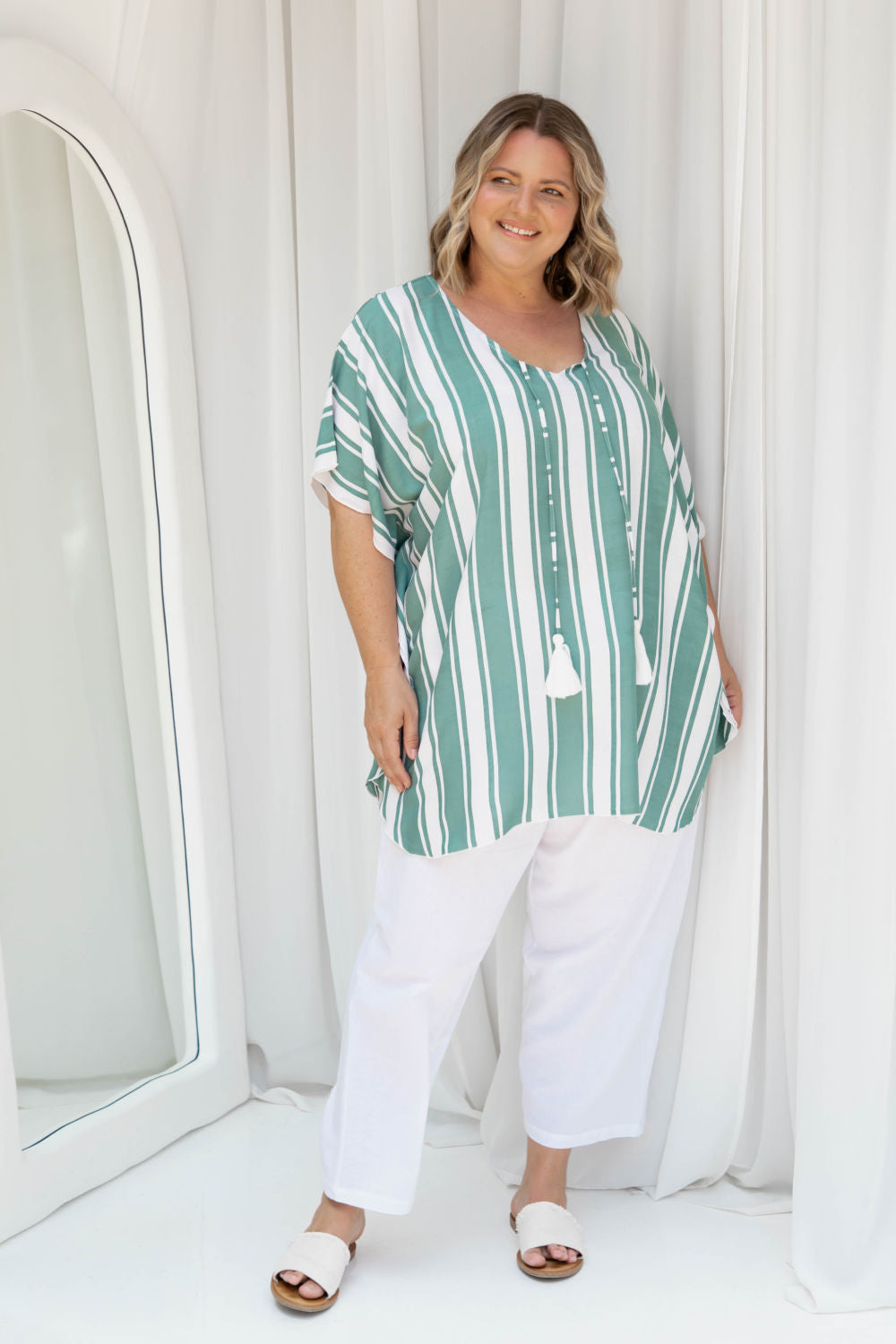 Kaftan Top - Sage Green and White Stripe