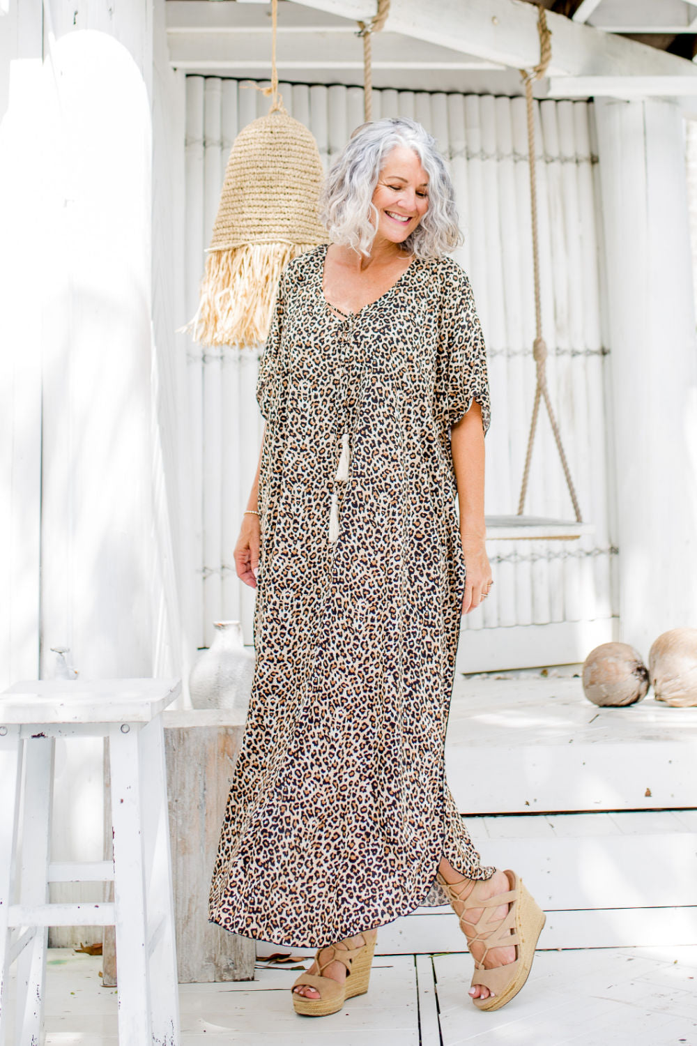 Long Kaftan Dress - Leopard Print