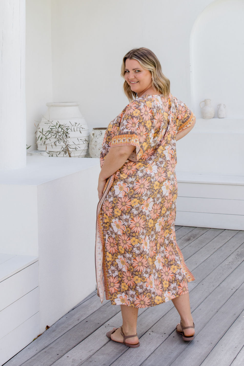 Long Kaftan Dress - Peach Floral