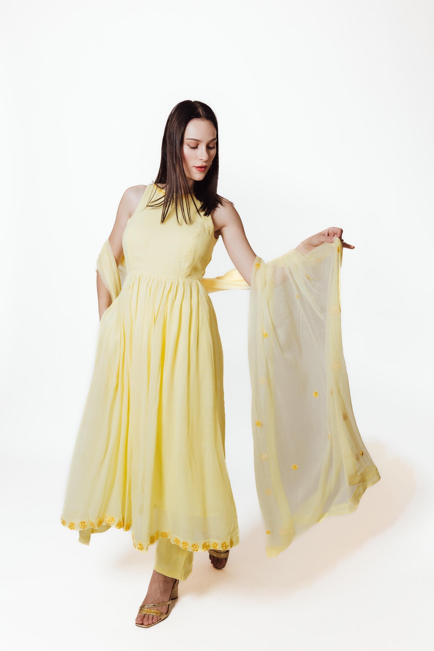 Aveline Yellow Georgette Salwar Kameez with Floral Mirror Trim