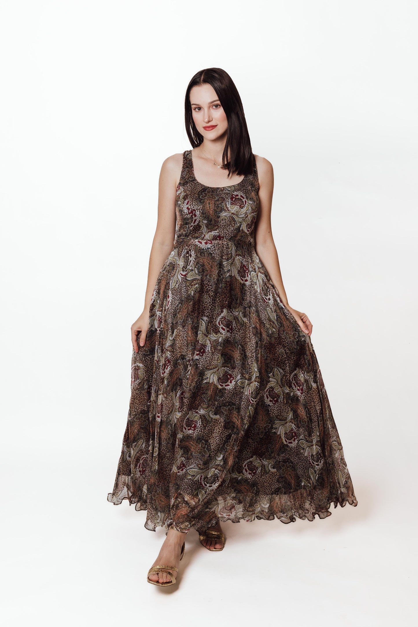 Callista Brown Gown with Ruffle Trim