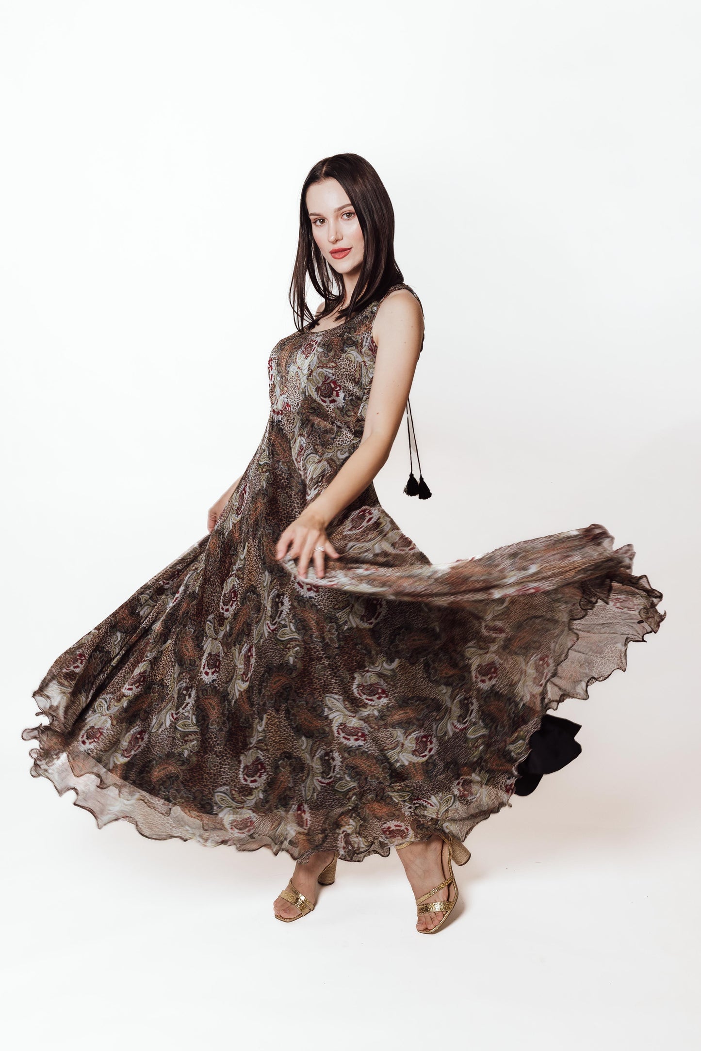 Callista Brown Gown with Ruffle Trim