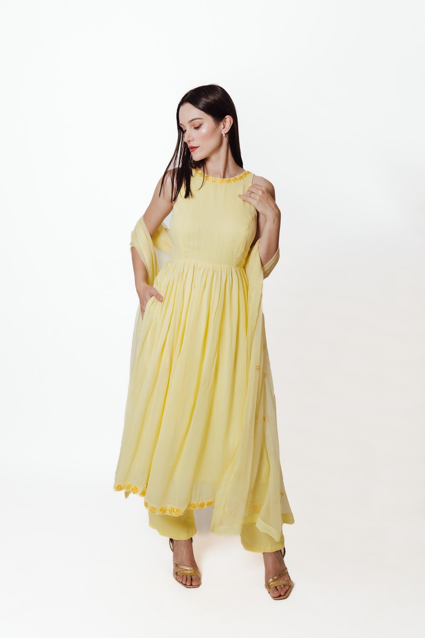 Aveline Yellow Georgette Salwar Kameez with Floral Mirror Trim