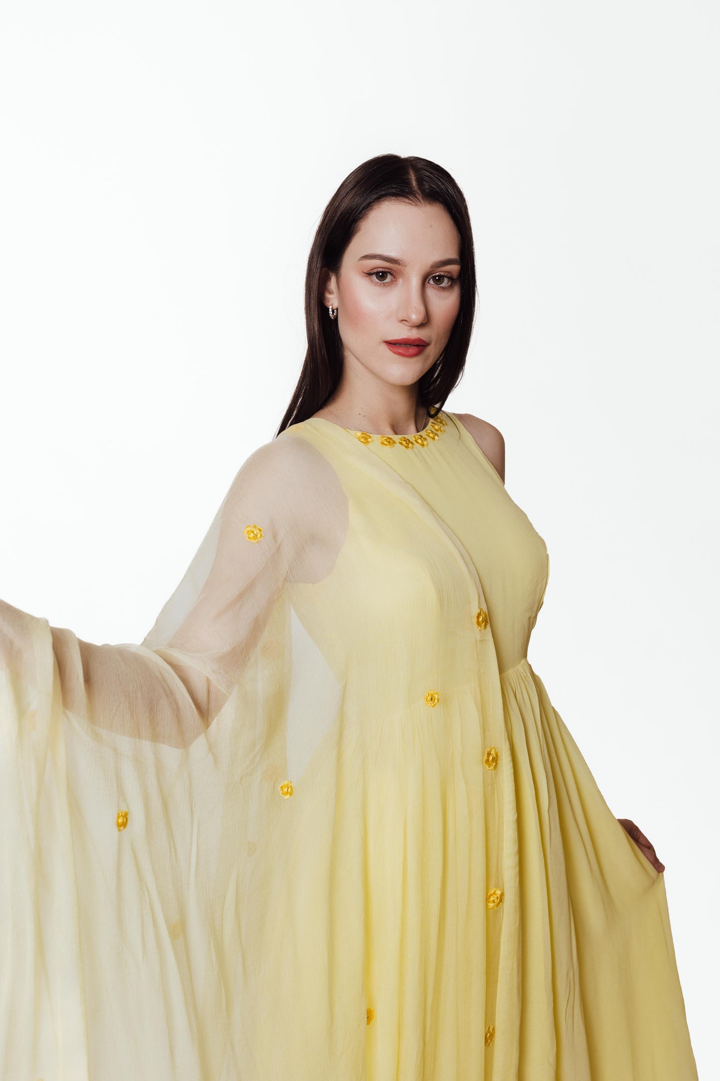 Aveline Yellow Georgette Salwar Kameez with Floral Mirror Trim