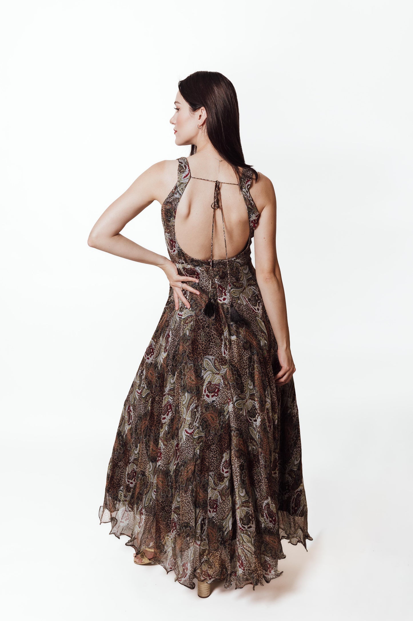 Callista Brown Gown with Ruffle Trim
