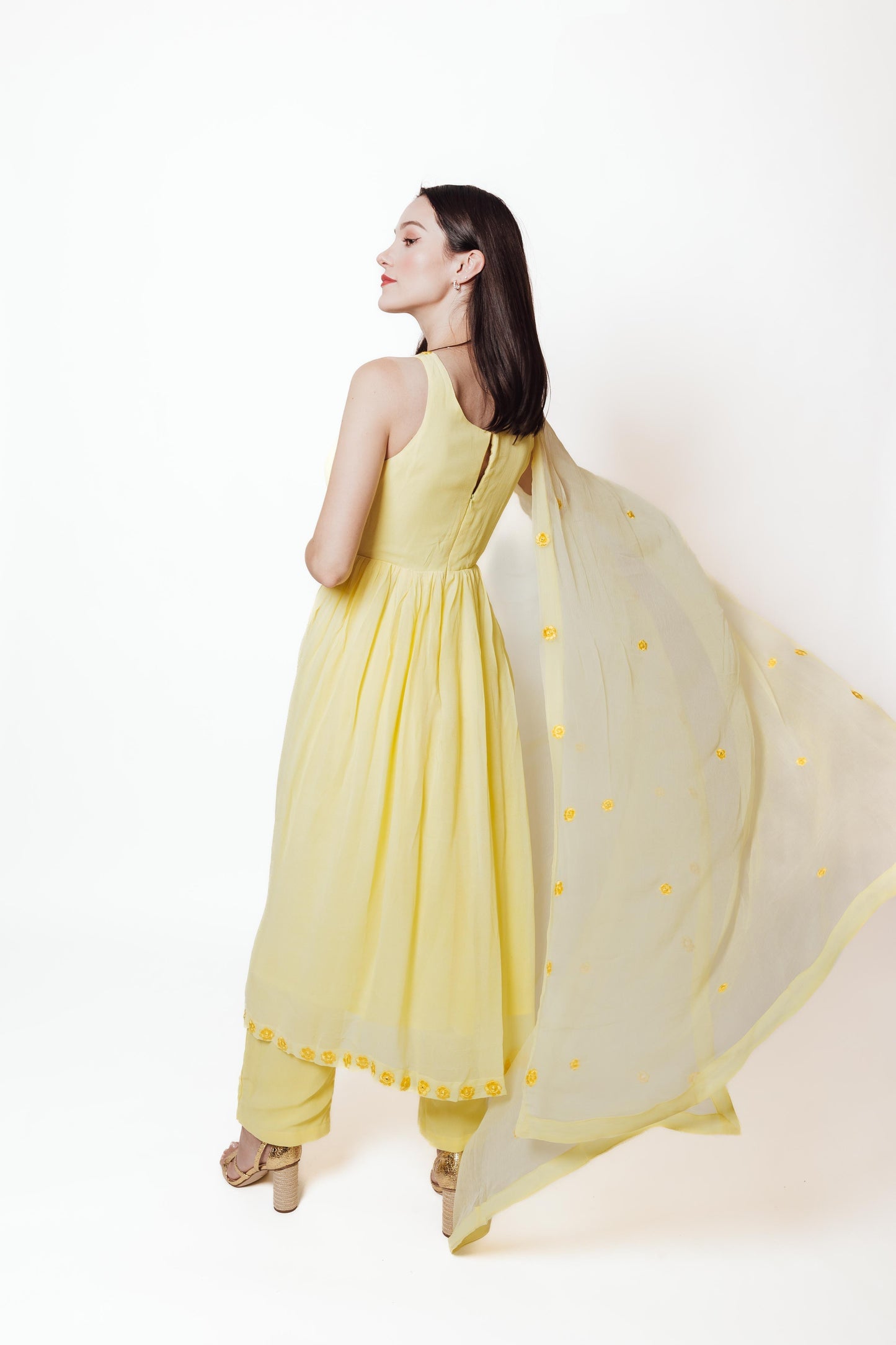 Aveline Yellow Georgette Salwar Kameez with Floral Mirror Trim