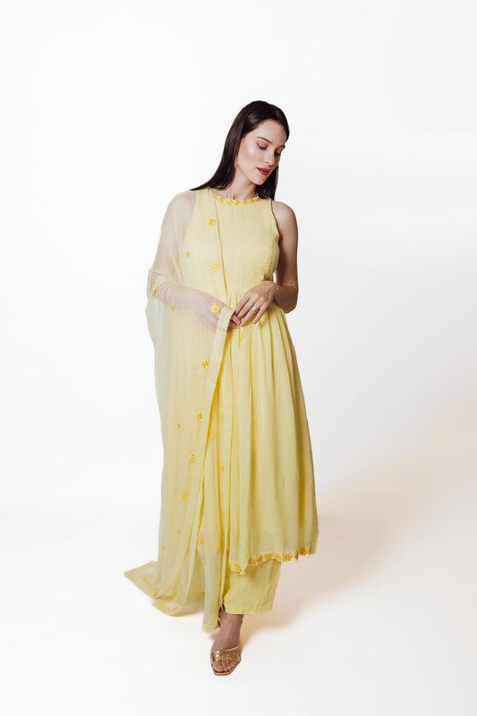 Aveline Yellow Georgette Salwar Kameez with Floral Mirror Trim