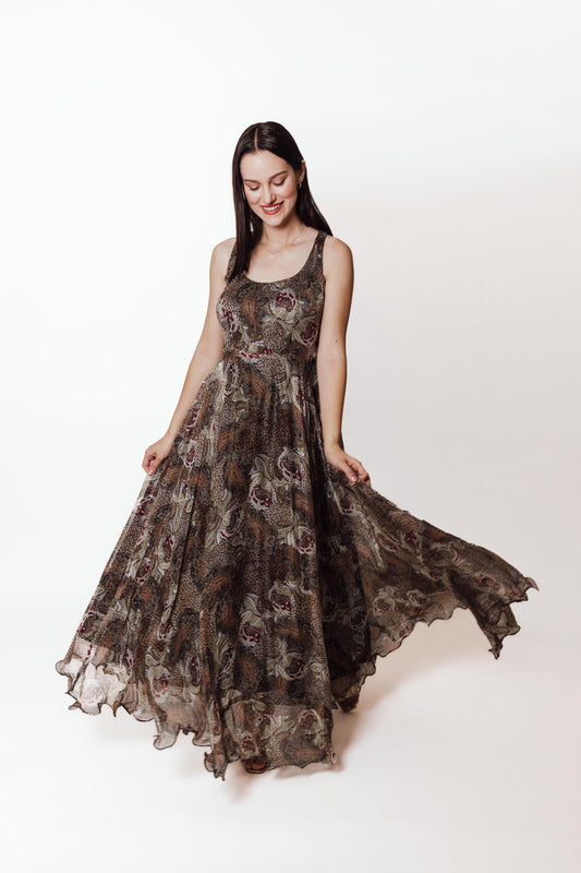 Callista Brown Gown with Ruffle Trim