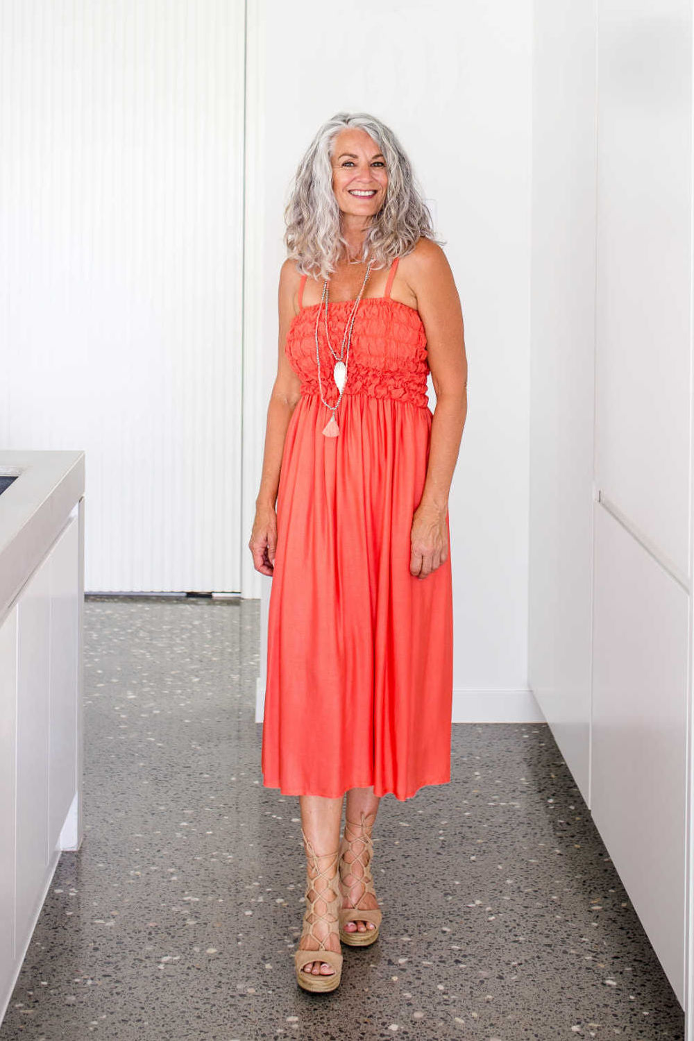 Shirred Beach Dress - Coral