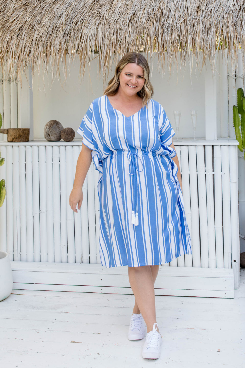 Short Kaftan Dress - Blue Stripe