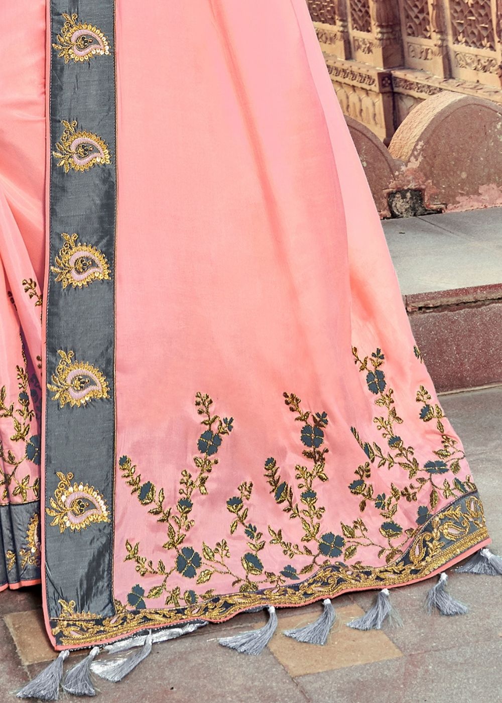 Light Pink Silk Saree with Thread Embroidery work