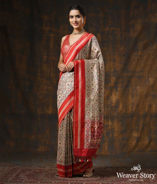 Handwoven Grey Meenakari Banarasi Patola with Silk Borders