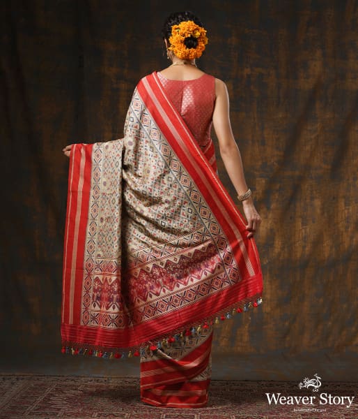 Handwoven Grey Meenakari Banarasi Patola with Silk Borders