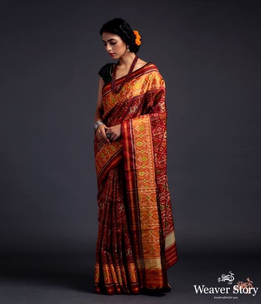 Mahroon single ikat patola saree with tissue border