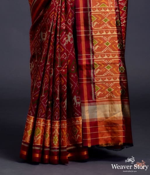 Mahroon single ikat patola saree with tissue border