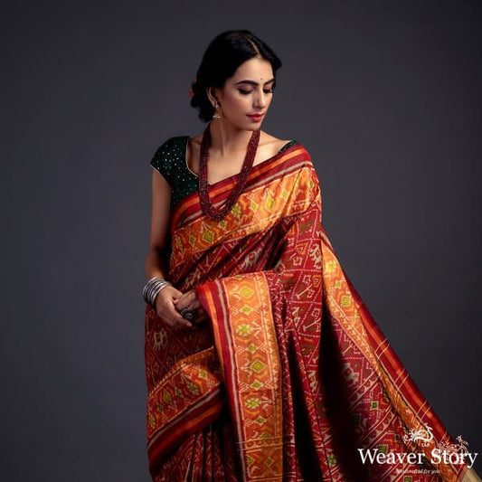 Mahroon single ikat patola saree with tissue border