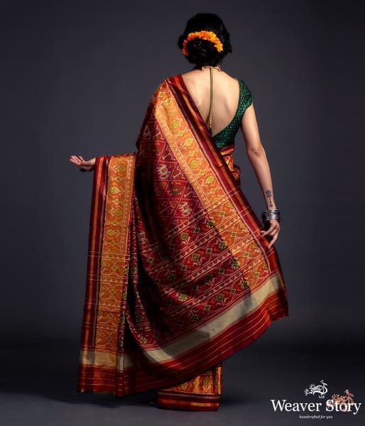 Mahroon single ikat patola saree with tissue border