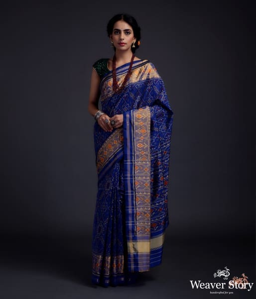 Navy Blue single ikat patola saree with tissue border