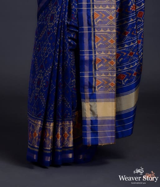 Navy Blue single ikat patola saree with tissue border
