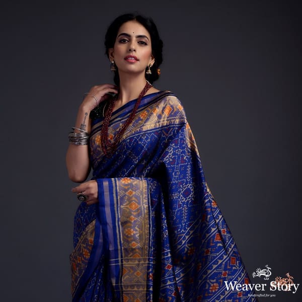 Navy Blue single ikat patola saree with tissue border