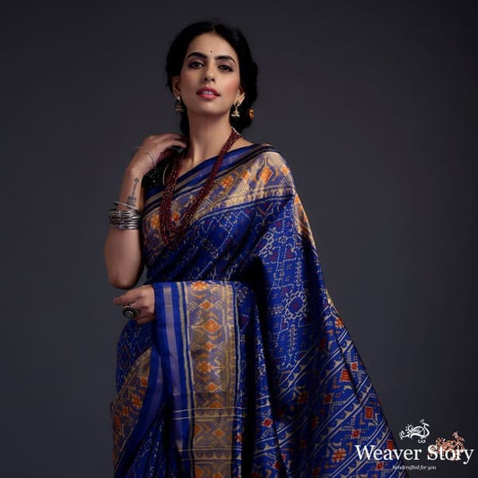 Navy Blue single ikat patola saree with tissue border
