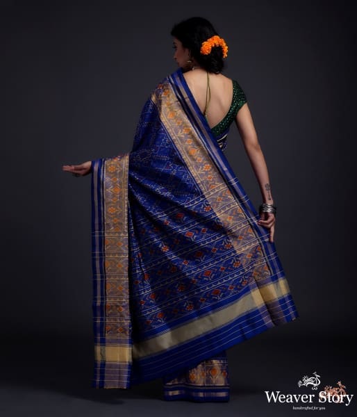 Navy Blue single ikat patola saree with tissue border