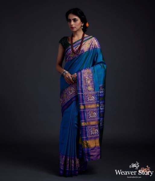 Turquoise Blue single ikat patola saree with tissue border