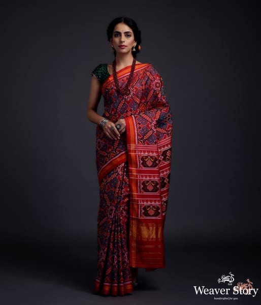 Pure silk Gujarat Patola saree in blue and red dual tone in the famous paan bhaat weave