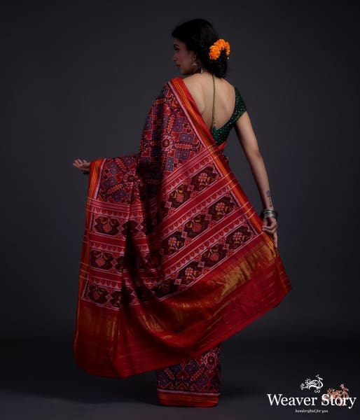 Pure silk Gujarat Patola saree in blue and red dual tone in the famous paan bhaat weave