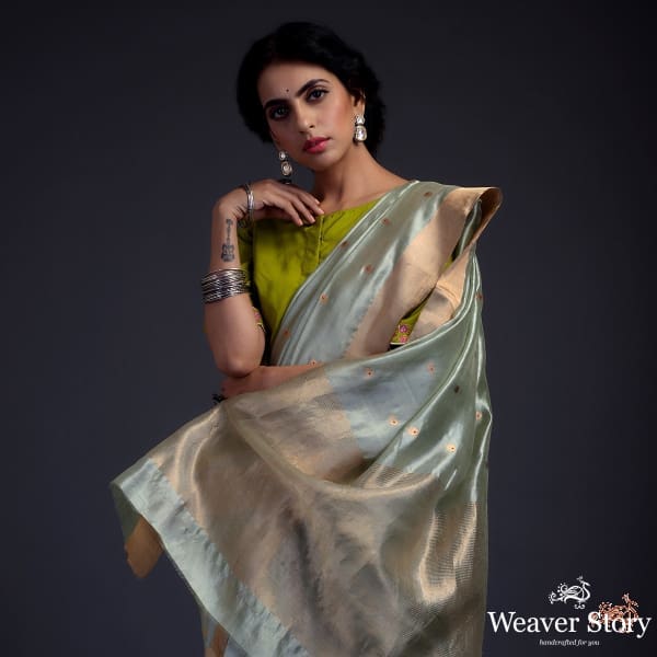 Sage green chanderi silk saree with small floral motifs