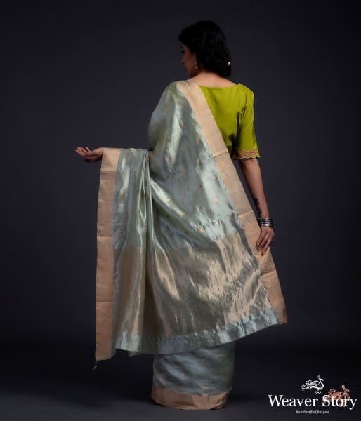 Sage green chanderi silk saree with small floral motifs