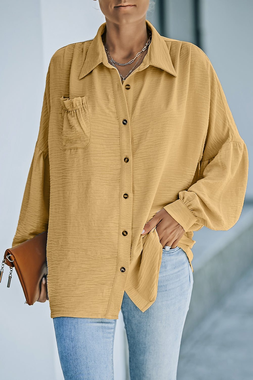 Textured Frill Trim Shirt with Breast Pocket