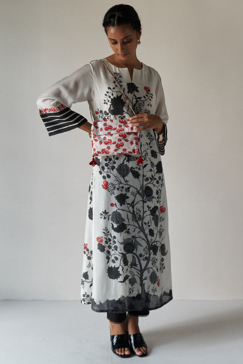 Pomegranate Tree Printed Moonga Silk Kurta with Embroidered Sleeves and Cotton Bottom