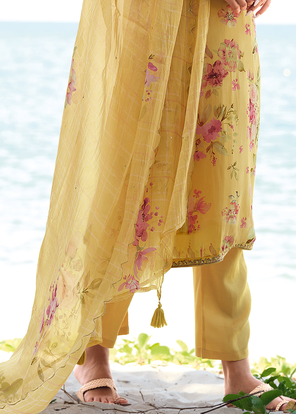 Butter Yellow Floral Digitally Printed Organza Salwar Suit with Embroidery Work : Top Pick