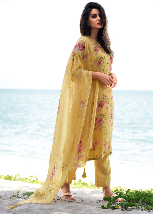 Butter Yellow Floral Digitally Printed Organza Salwar Suit with Embroidery Work : Top Pick