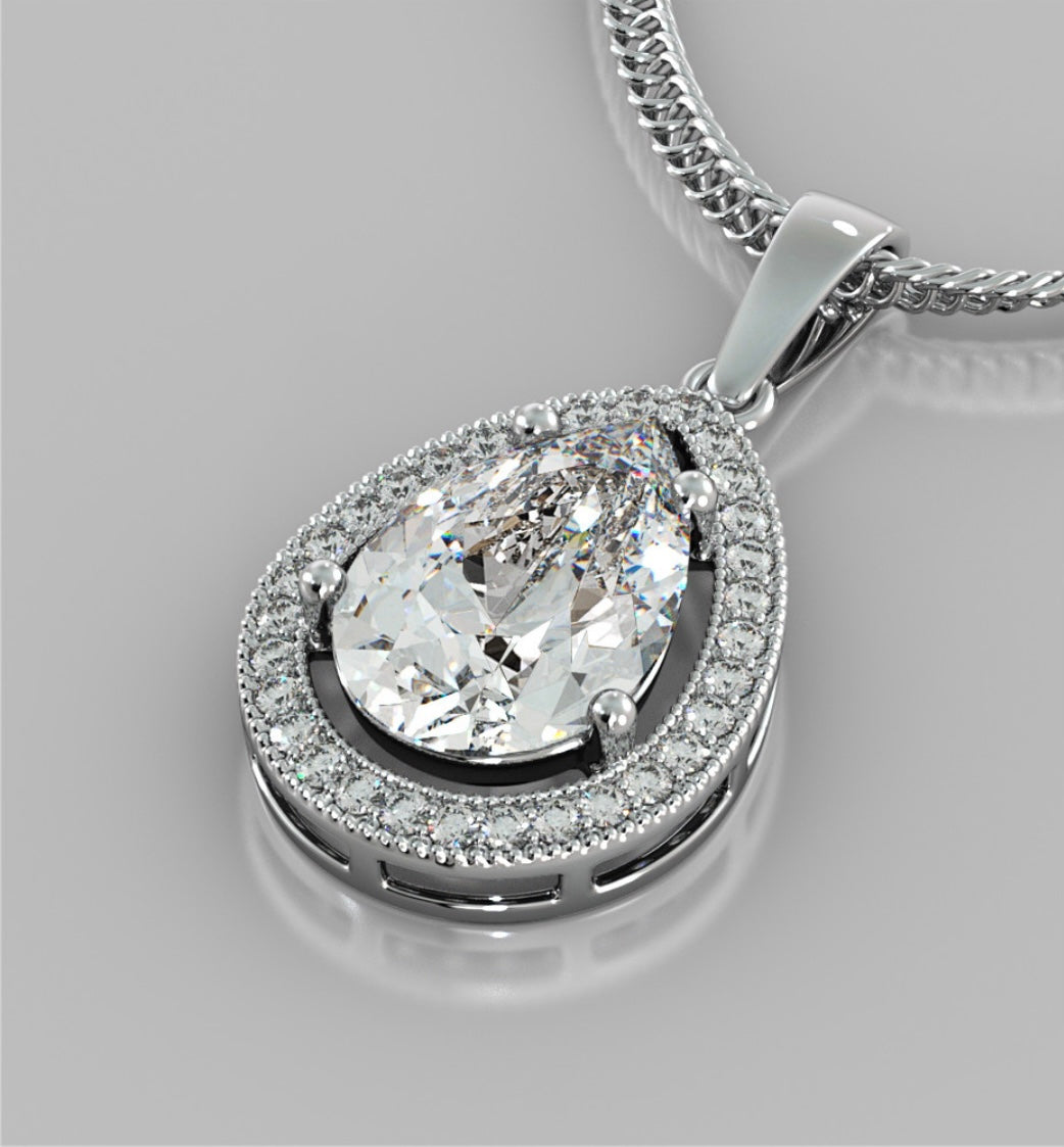 2.50 CTW Pear Cut Halo Created Moissanite Pendant in .925 Sterling Silver