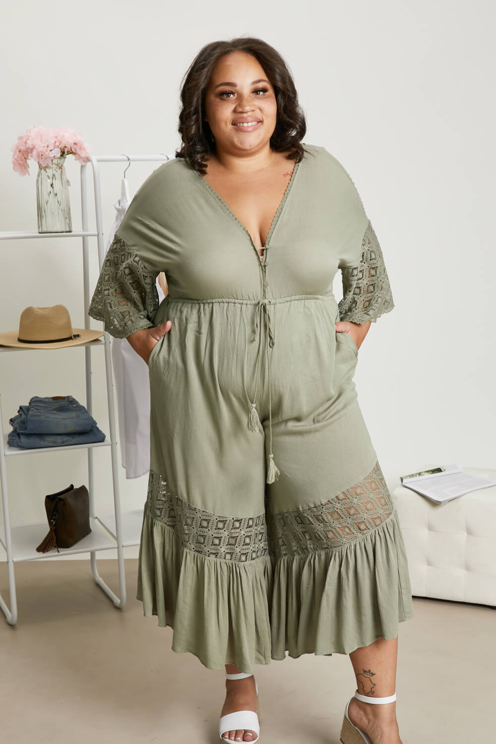 Sweet Lovely by Jen Isn't She Lovely Full Size Lace Detail Jumpsuit in Cactus