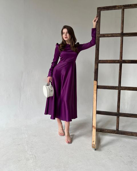 Lillie Mulberry Silk Bat-wing Shoulder Midi Dress