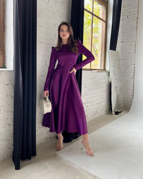 Lillie Mulberry Silk Bat-wing Shoulder Midi Dress