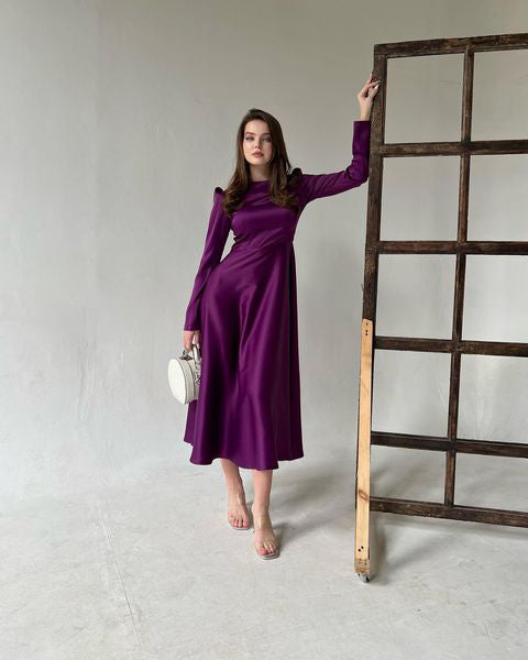 Lillie Mulberry Silk Bat-wing Shoulder Midi Dress