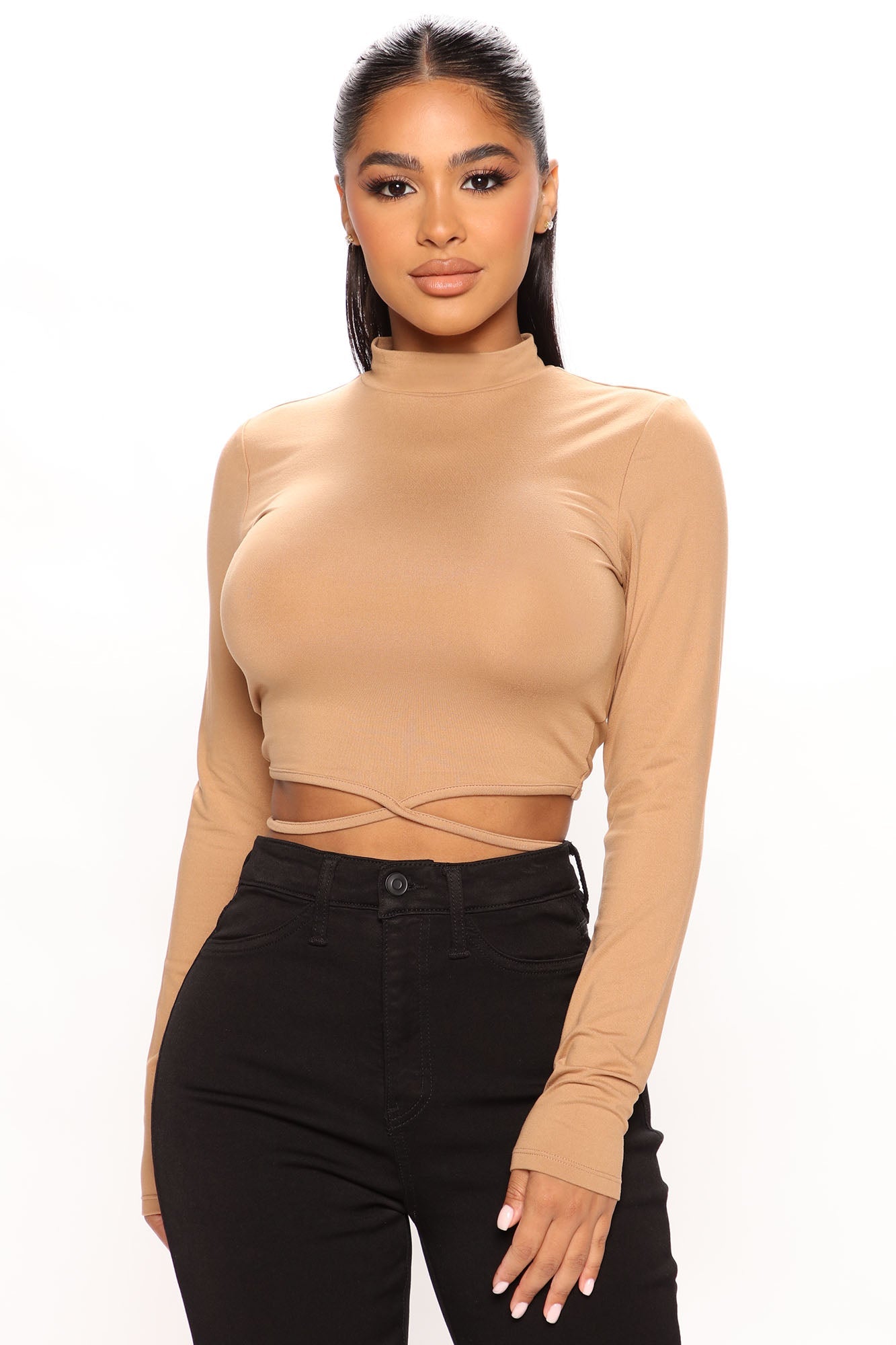 Christina Long Sleeve Crop Top - Camel
