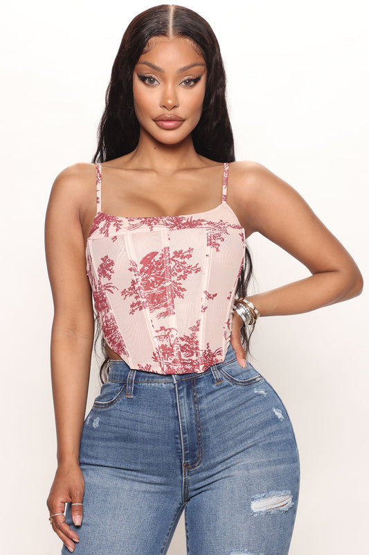 Good Days Mesh Corset Top - Burgundy/combo