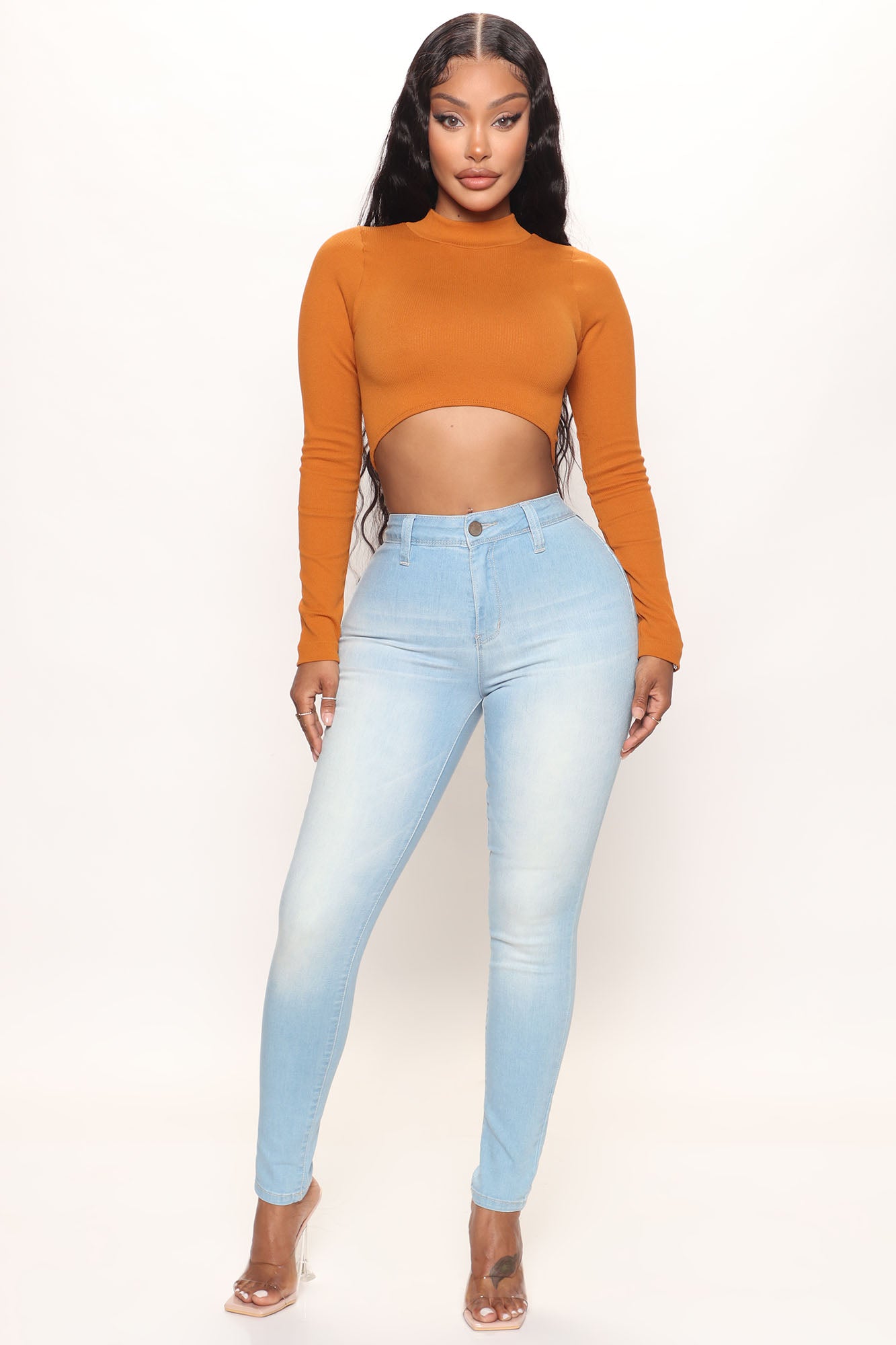 Hug Me Tight Mock Neck Crop Top - Camel
