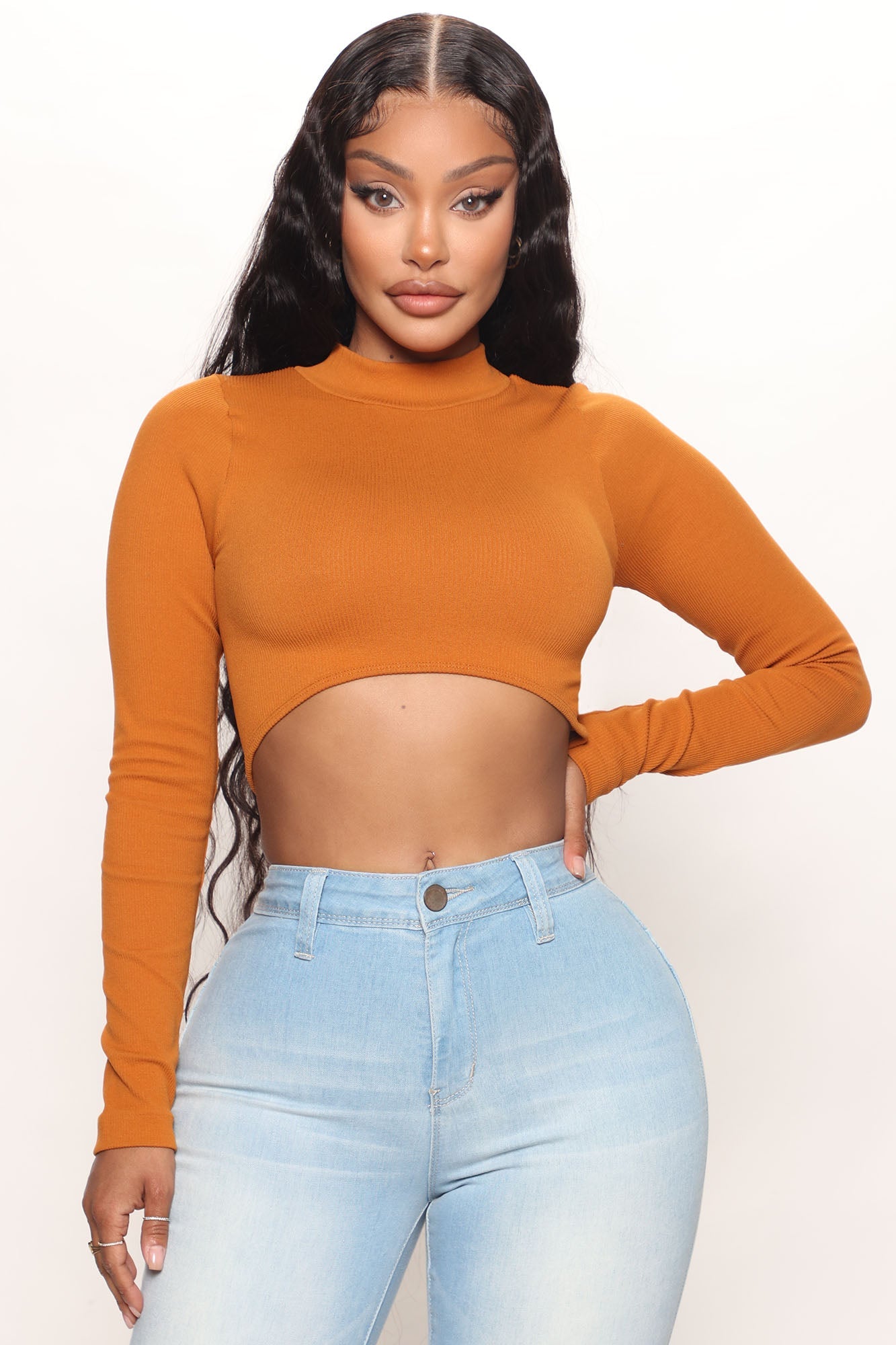 Hug Me Tight Mock Neck Crop Top - Camel