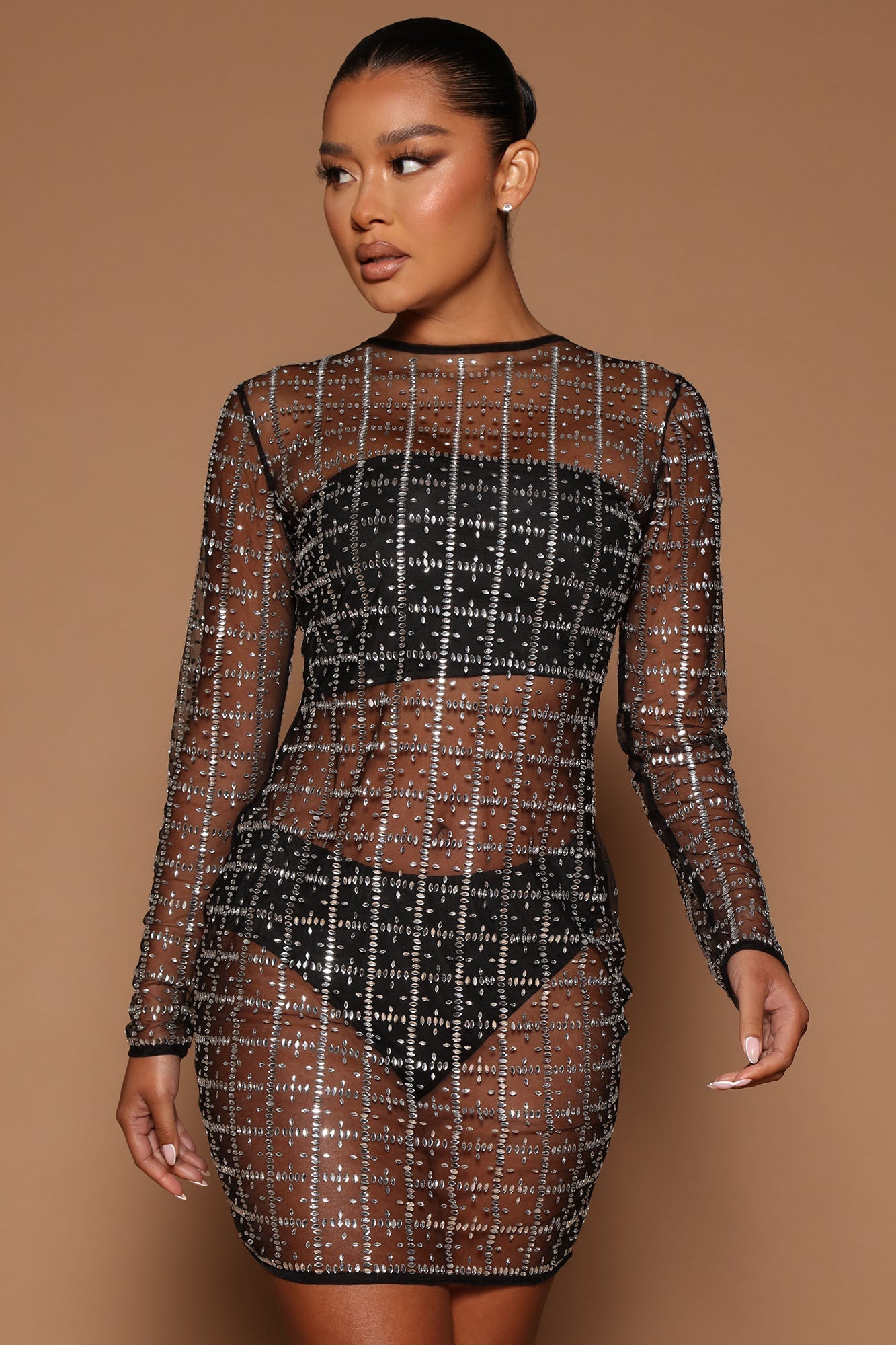 Leila Embellished Mesh Mini Dress - Black