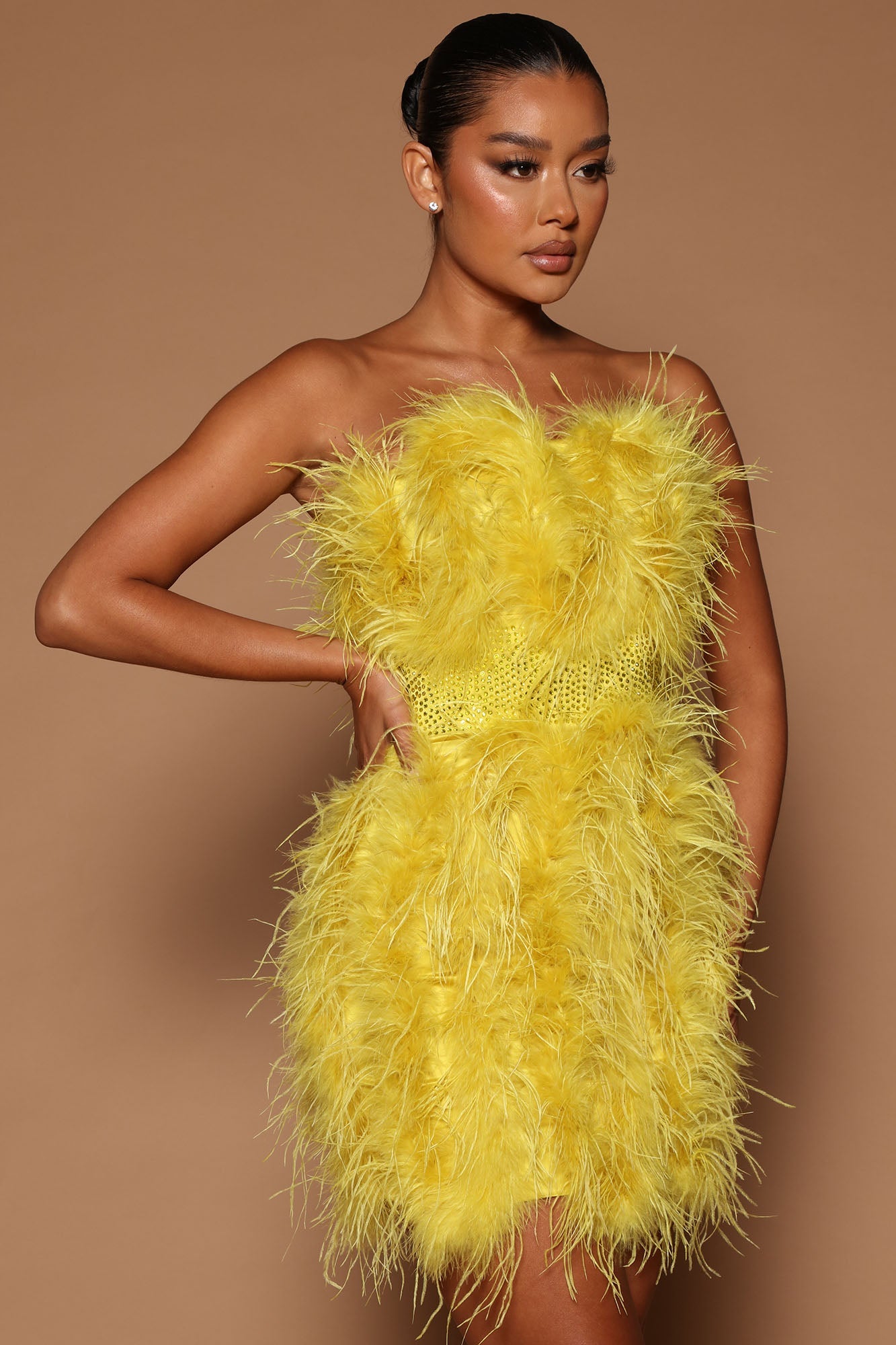 Lorina Feather Mini Dress - Chartreuse